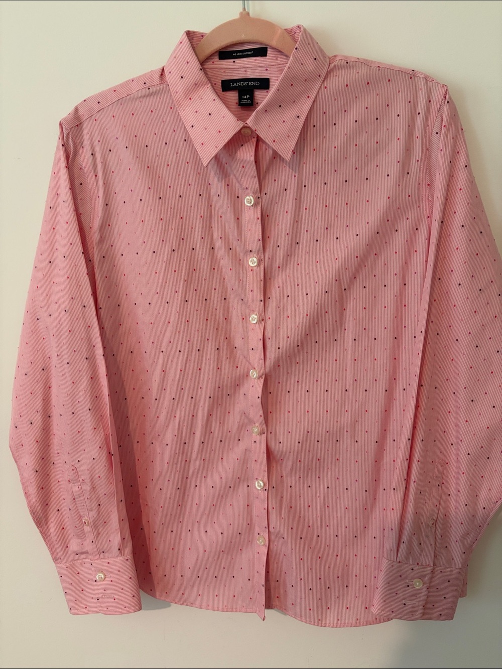 Lands' End Pink Stripe Shirt with Magenta Dot Print